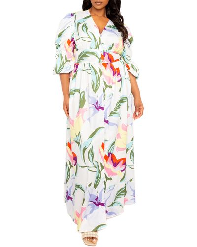 Buxom Couture Floral Puff Sleeve Maxi Dress - White