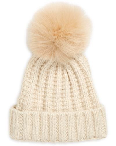 Kyi Kyi Chunky Ribbed Beanie With Faux Fur Pompom - Natural