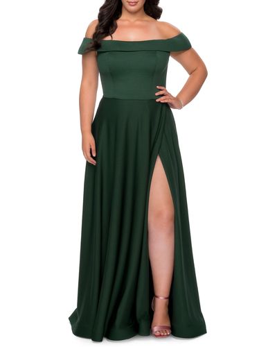 La Femme Off The Shoulder Foldover Neckline Gown - Green
