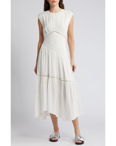 FRAME Lace Inset Handkerchief Hem Linen Blend Midi Dress - White
