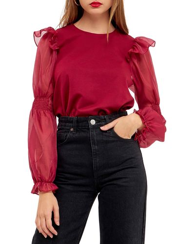 English Factory Puff Sleeve Cotton And Organza Blouse - Red