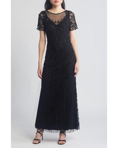 Pisarro Nights Floral Beaded Short Sleeve A-line Gown - Black