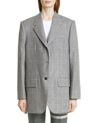 Thom Browne Back Stripe Windowpane Check Wool & Cashmere Flannel Blazer - Gray