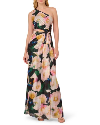 Adrianna Papell Pleated Floral One-shoulder Chiffon Gown - White