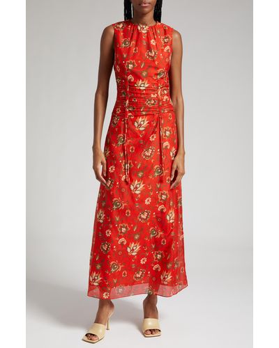 Sir. The Label Reyes Floral Print Ruched Cotton & Silk Dress - Red
