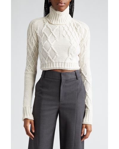 Monse Cutout Cable Knit Crop Merino Wool Turtleneck Sweater - White