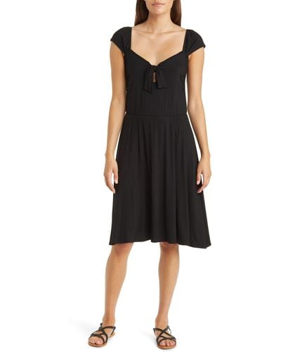 Loveappella Tie Front Cap Sleeve A-line Dress - Black