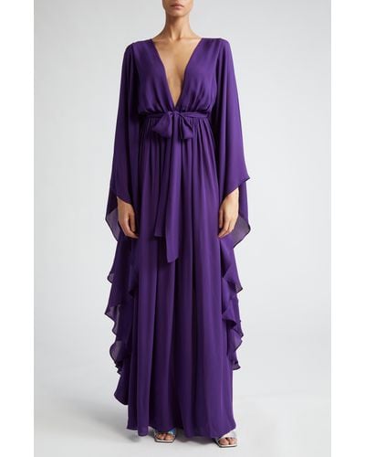 Aliétte Plunge Neck Cape Sleeve Silk Gown - Purple