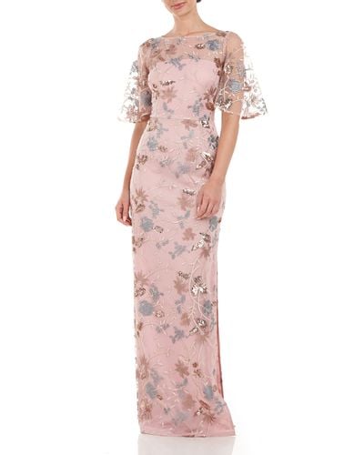 JS Collections Daphne Embroidered Sequin Column Gown - Pink