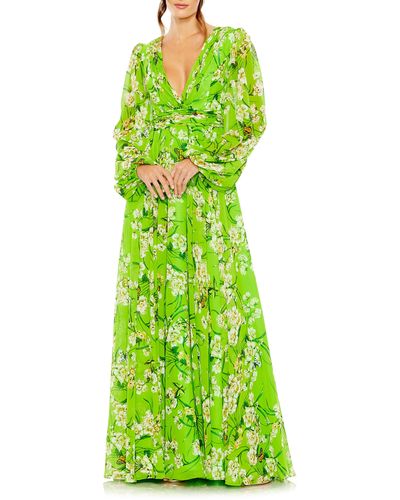 Ieena for Mac Duggal Floral Long Sleeve Chiffon A-line Gown - Green