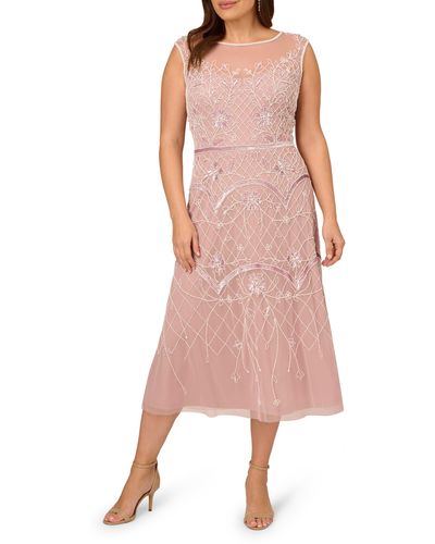 Adrianna Papell Sequin Beaded Illusion Mesh Midi Dress - Pink