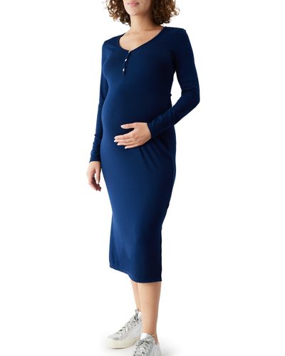 Ingrid & Isabel Rib Long Sleeve Henley Maternity Dress - Blue