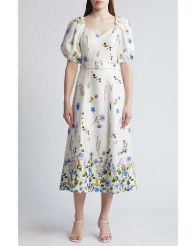 & Other Stories & Floral Belted Puff Sleeve Linen Midi Dress - White