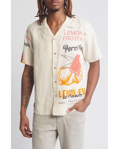 Percival Lemon Kreme Short Sleeve Linen Graphic Button-up Shirt - White