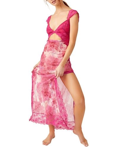 Free People Suddenly Fine Floral Print Cutout Lace Trim Nightgown - Pink