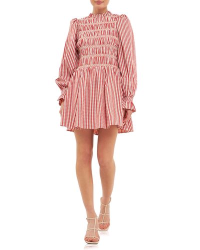 English Factory Gingham Smocked Long Sleeve Minidress - Pink