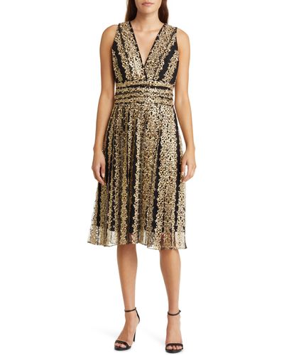 Marchesa Metallic Embroidery Cocktail Dress - Natural