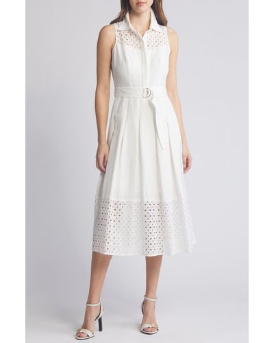 Anne Klein Eyelet Embroidery Linen Blend Midi Dress - White