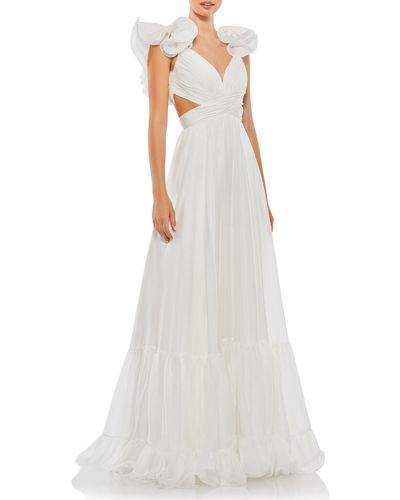 Mac Duggal Rosette Chiffon Cutout Empire Waist Gown - White