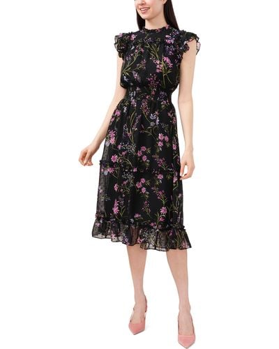 Cece Floral Clip Dot Smocked Ruffle Midi Dress - Black