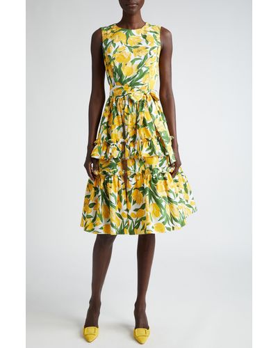 Carolina Herrera Tulip Print Sleeveless Stretch Cotton Tiered Dress - Yellow