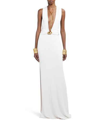 Tom Ford Plunge Neck Stretch Sable Evening Gown - White