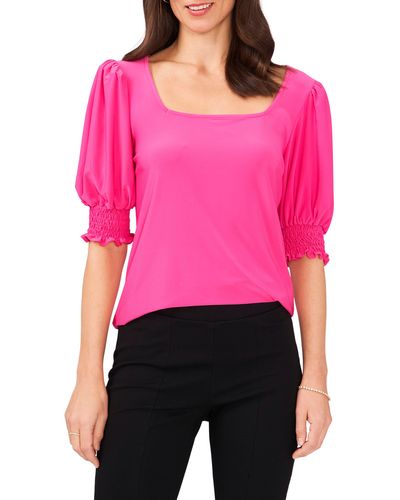 Chaus Square Neck Smocked Sleeve Blouse - Pink