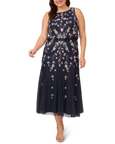 Adrianna Papell Floral Embellished Mesh Midi Gown - Blue