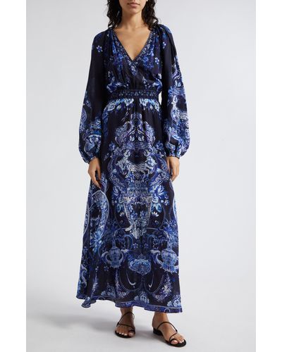 Camilla Shirred Waist Long Sleeve Silk Maxi Dress At Nordstrom - Blue