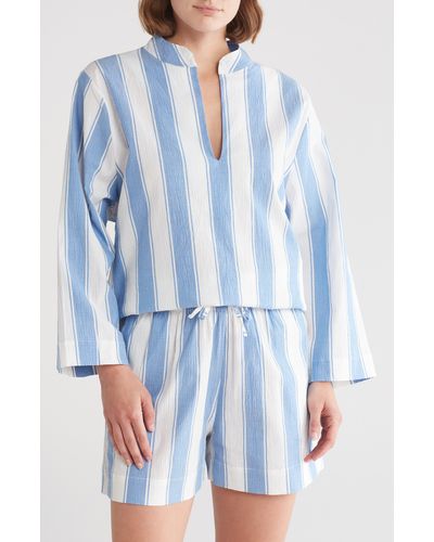 Desmond & Dempsey Feluka Stripe Stretch Cotton Short Pajamas - Blue