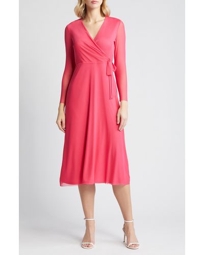 Anne Klein Long Sleeve Midi Wrap Dress - Pink
