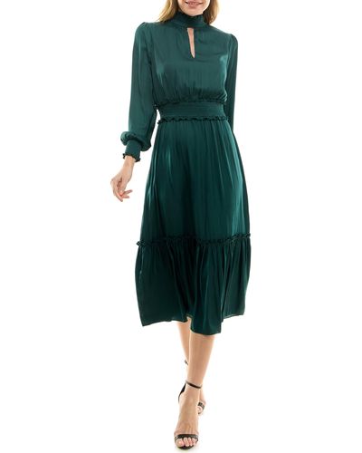 Socialite Smocked Long Sleeve Satin Midi Dress - Green