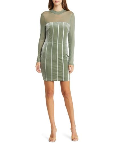 Bebe Long Sleeve Mesh & Velvet Cocktail Minidress - Green