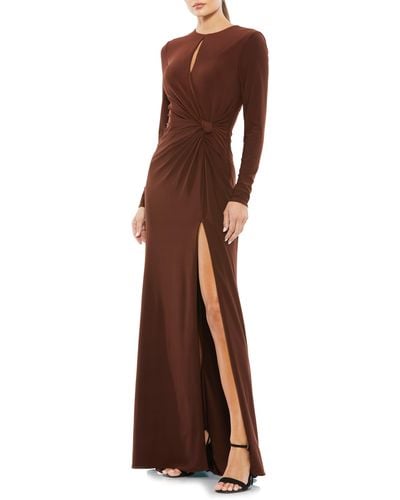 Mac Duggal Ruched Keyhole Long Sleeve Jersey Gown - Brown