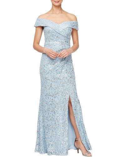 Alex Evenings Floral Embroidered Sequin Off The Shoulder Gown - Blue