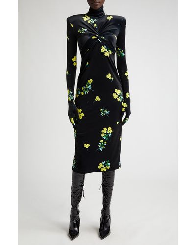 Quinn Floral Print Turtleneck Glove Sleeve Velvet Midi Dress - Black