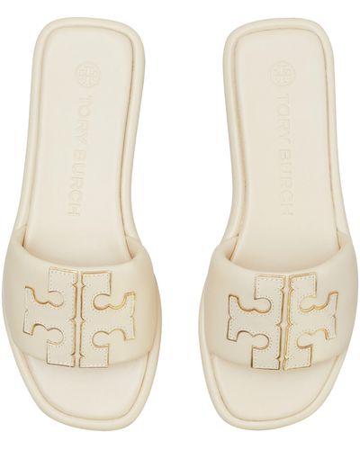 Tory Burch Double-t Monogram Padded Leather Slide Sandals - White