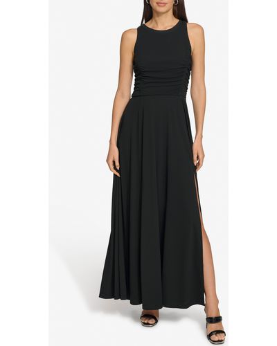 DKNY Ruched Mesh Trim Sleeveless Maxi Dress - Black