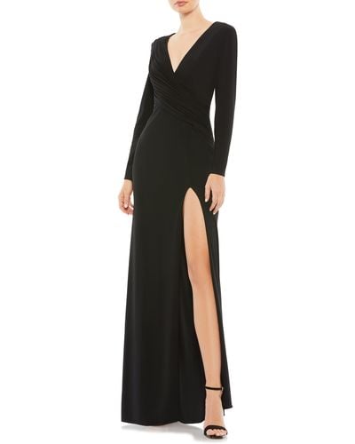 Mac Duggal Ruched Jersey Long Sleeve Column Gown - Black