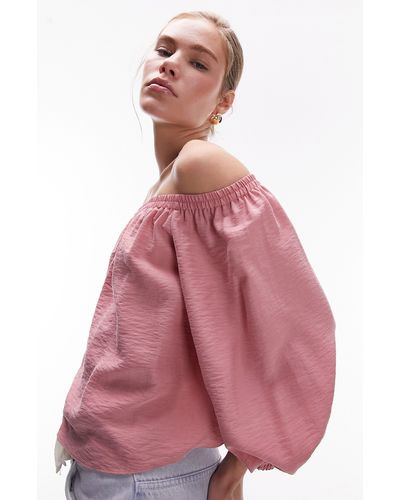TOPSHOP Off The Shoulder Balloon Sleeve Top - Pink