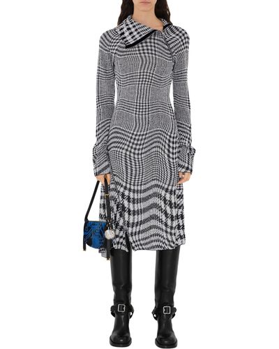 Burberry Warped Houndstooth Jacquard Asymmetric Long Sleeve Wool Blend Midi Dress - Gray
