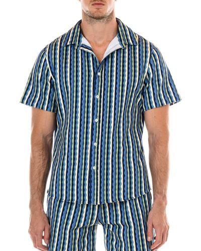 Original Paperbacks Riviera Stripe Short Sleeve Button-up Knit Shirt - Blue