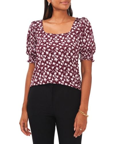Chaus Floral Square Neck Smocked Sleeve Blouse - Red
