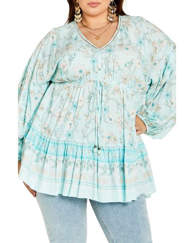 City Chic Spirited Floral Print Tunic Top - Blue
