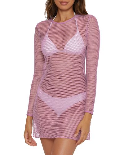 Becca Network Metallic Long Sleeve Sheer Mesh Cover-up Minidress - Pink