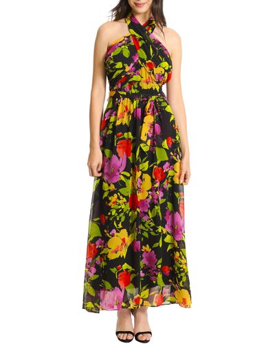 Maggy London Floral Tie Waist Halter Neck Maxi Dress - Multicolor