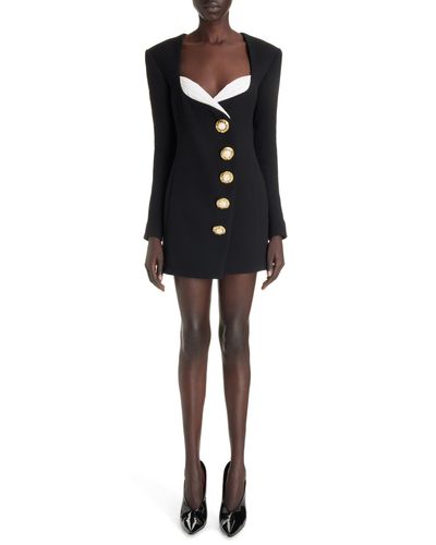 Balmain Asymmetric Long Sleeve Virgin Wool Crepe Coat Dress - Black