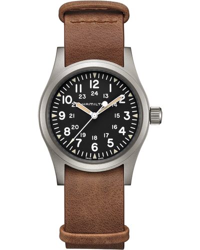 Hamilton Khaki Field Leather Strap Watch - Black