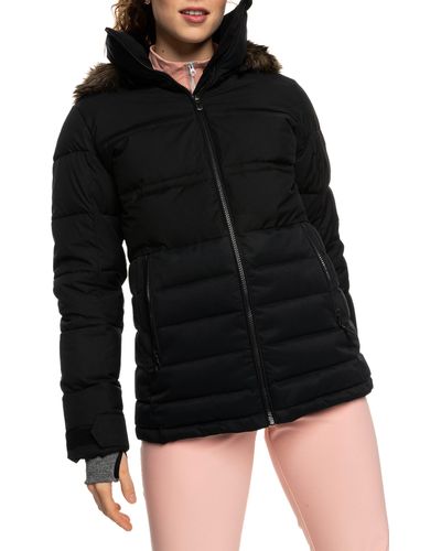 Roxy Quinn Insulated Snow Puffer Coat With Removable Faux Fur Trim - Black