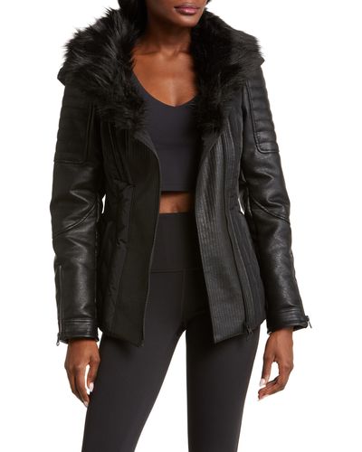 BLANC NOIR Sophia Hooded Mixed Media Faux Leather Quilted Jacket With Removable Faux Fur Trim - Black